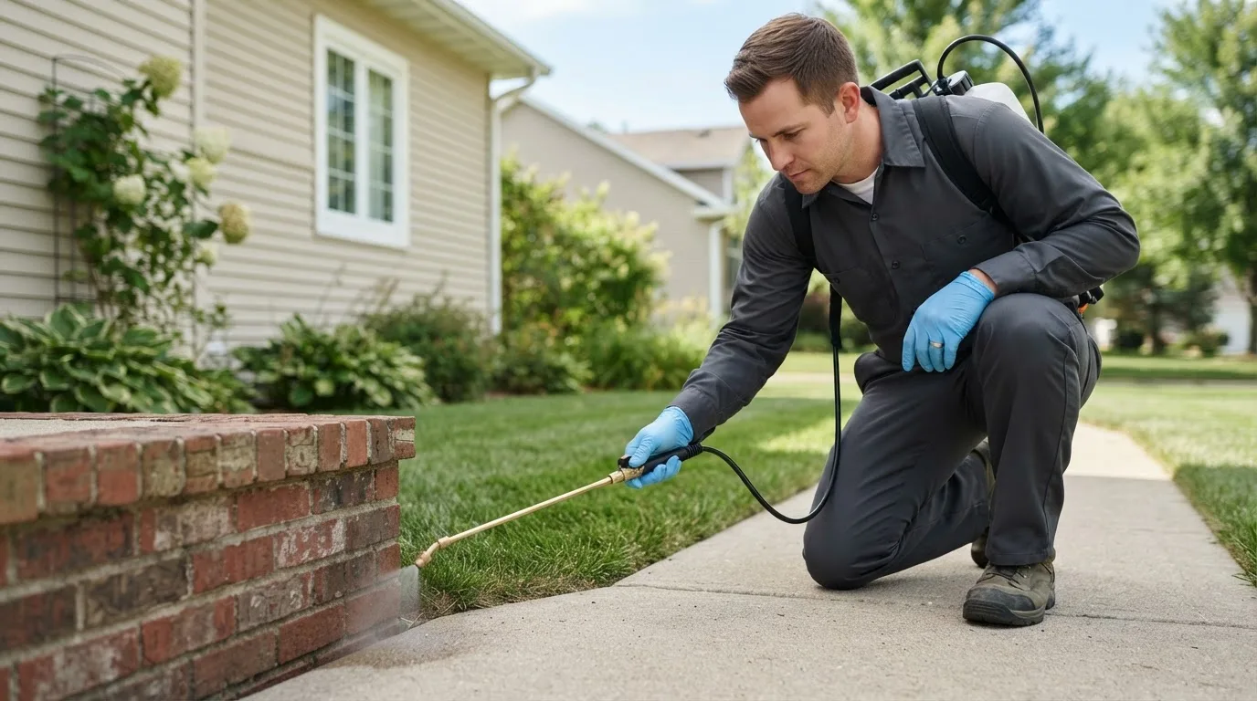 Pest control technician treating a home near Hosmer, SD